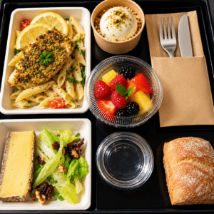 Présentation d’un plateau repas avec plat accompagné, salade, dessert et couverts
